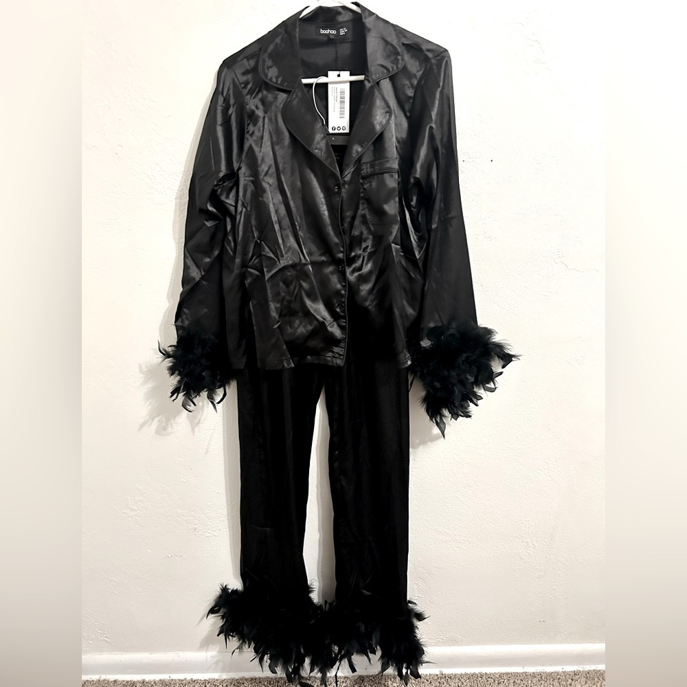 Never Worn Black Satin Pajamas With Feather Trim